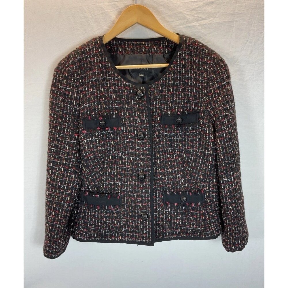 Talbots Boucle Tweed Blazer Size 12 Black Red Tweed Wool Blend Pockets